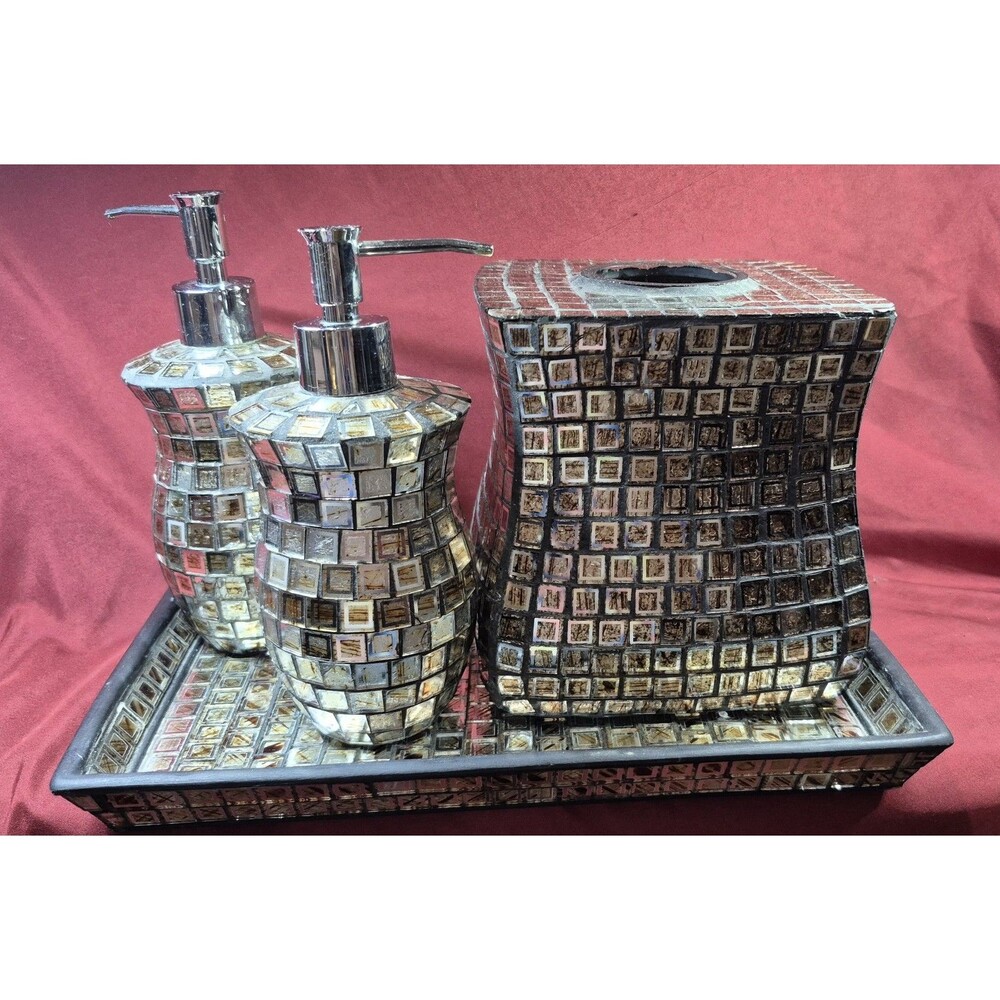 4-Pc Glass Mosaic Bathroom Accessory Set Brown Gold Silver Soap Dispenser Tray